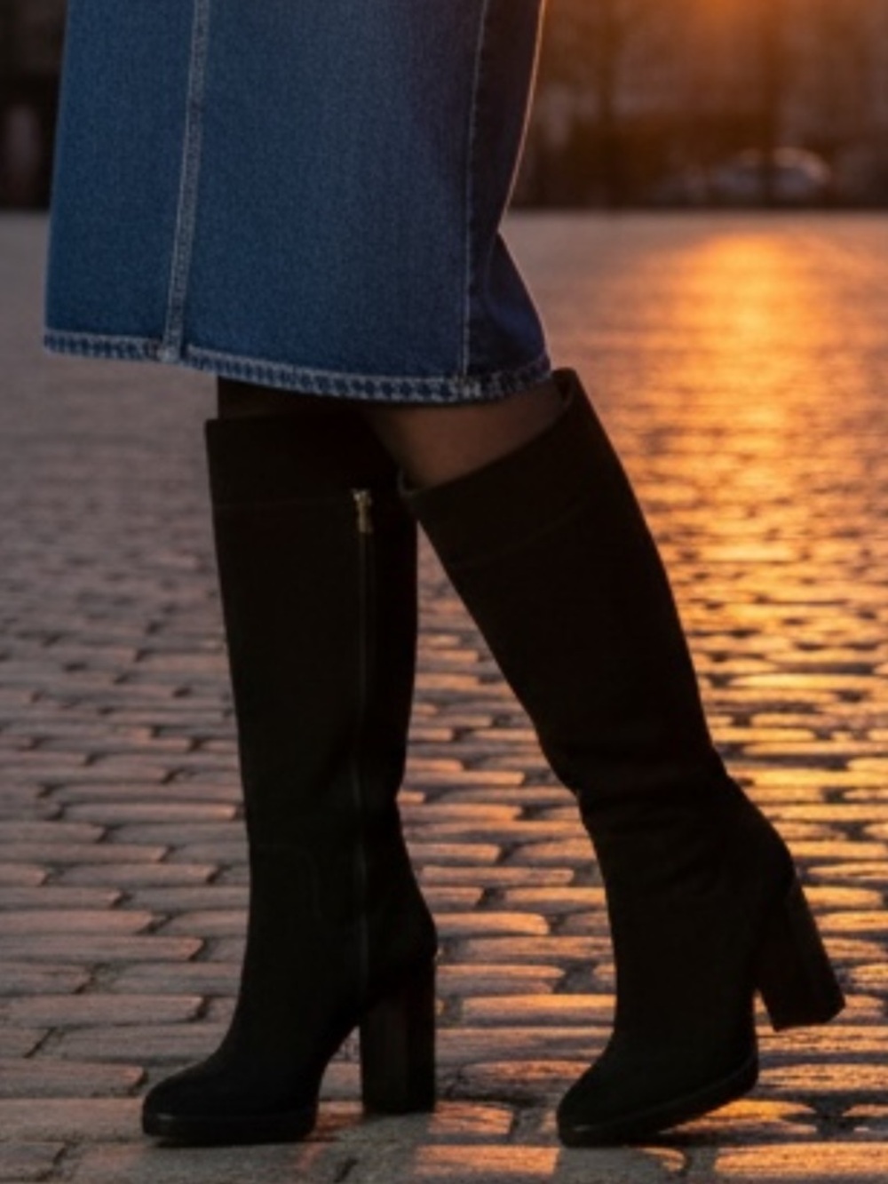 Michael Kors Black Suede Knee High Boots Block Heel Zip Size 9.5